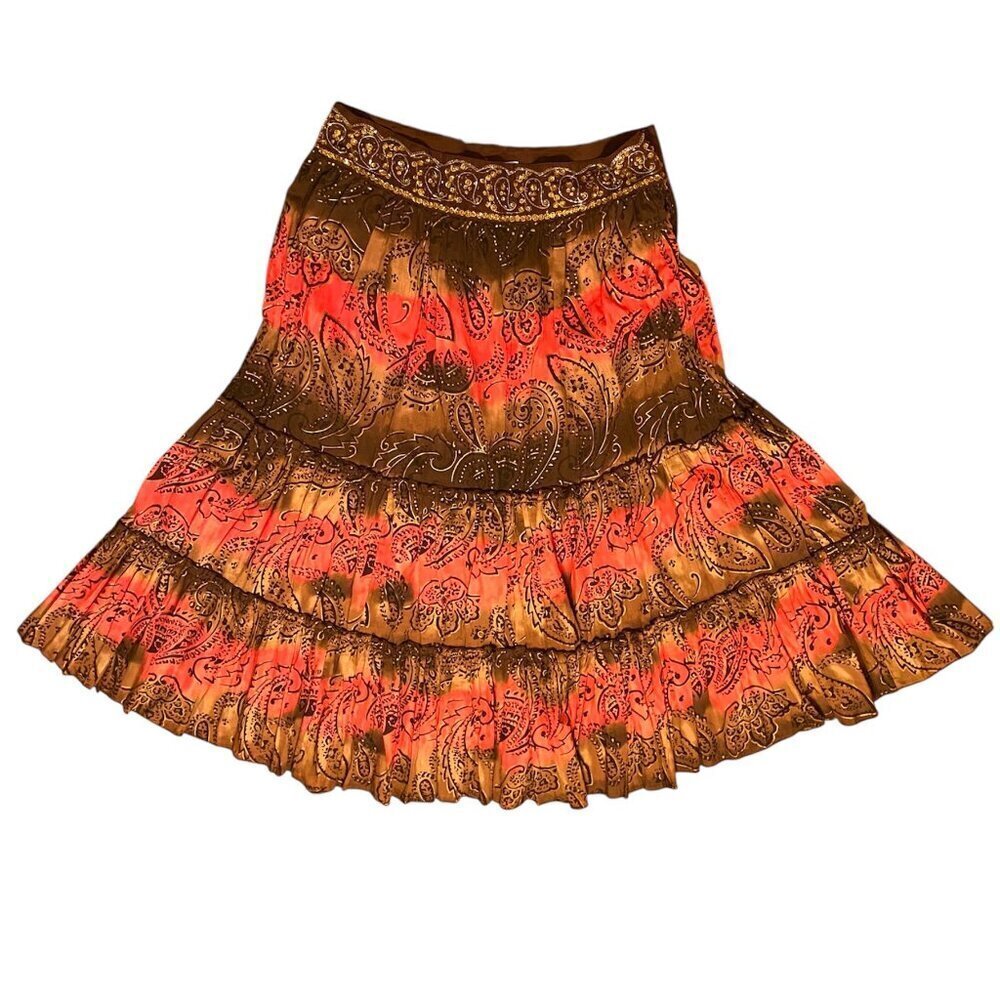 Metro7 Seven Brown Pink Paisley Sequin Beaded Midi Gypsy Skirt Missy Size 12 - Picture 3 of 13